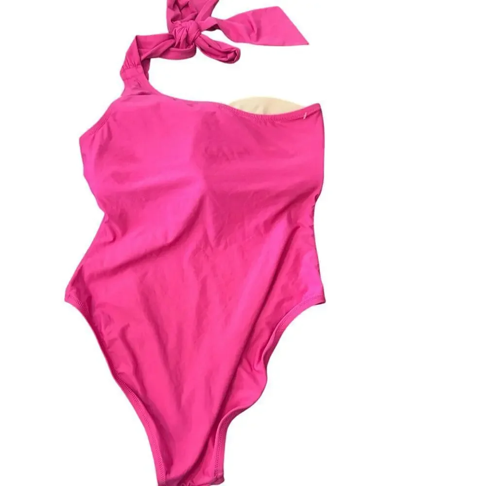 NWT J.Crew Women's Pink Bow High-rise Back One-shoulder One-piece Size 12